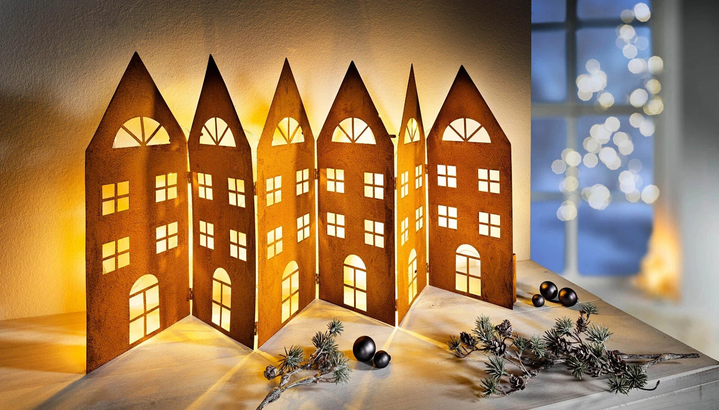 LED-Aufsteller "Reihenhäuser" Lichterhäuschen 97 cm Edelrost