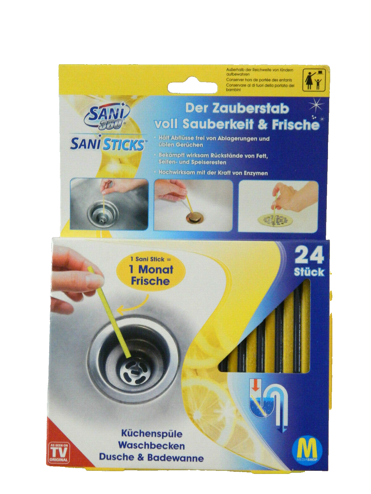 Sani Sticks Abflussreiniger 24 Stk. Der Zauberstab voll Sauberkeit Zitronen Duft