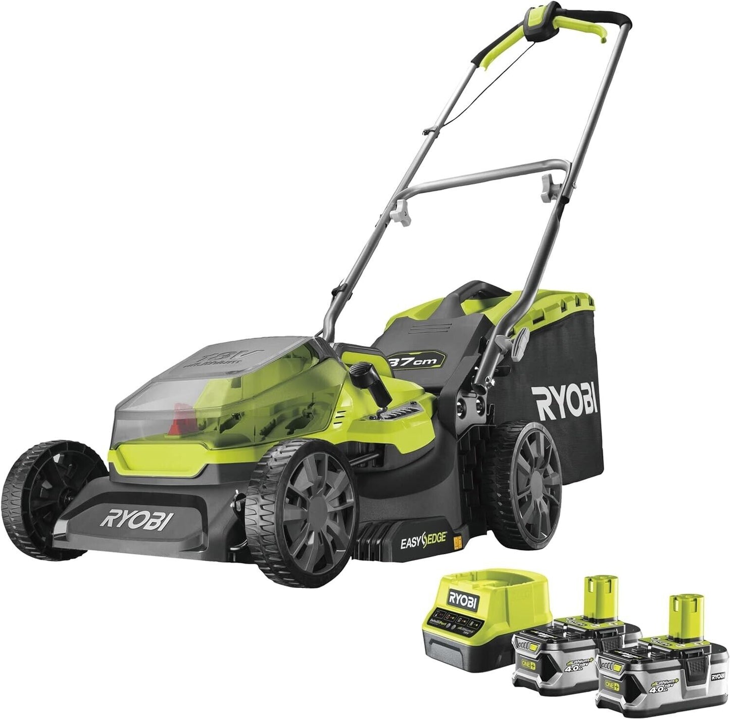 Ryobi 37cm Rasemäher RY18LM37A-240 mit 2 Akkus 4Ah mit Ladegerät 18V ONE+