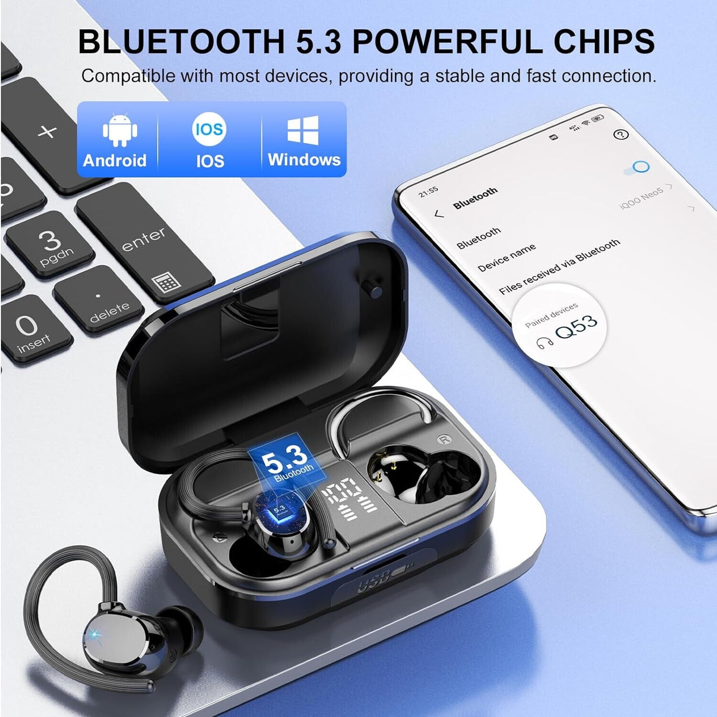 Bluetooth Kopfhörer Sport, Kopfhörer Kabellos Bluetooth 5.3 mit HD Mic, 120 Std.