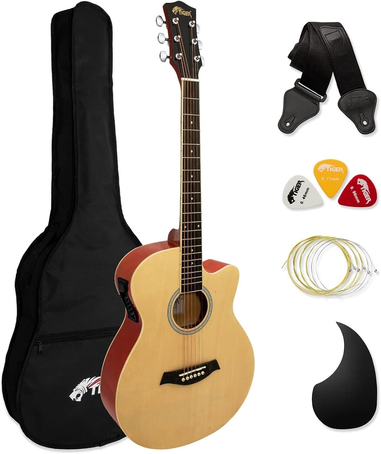TIGER ACG4-NT Full-Size Elektro-Akustische Gitarre, Paket für Anfänger, mit eing