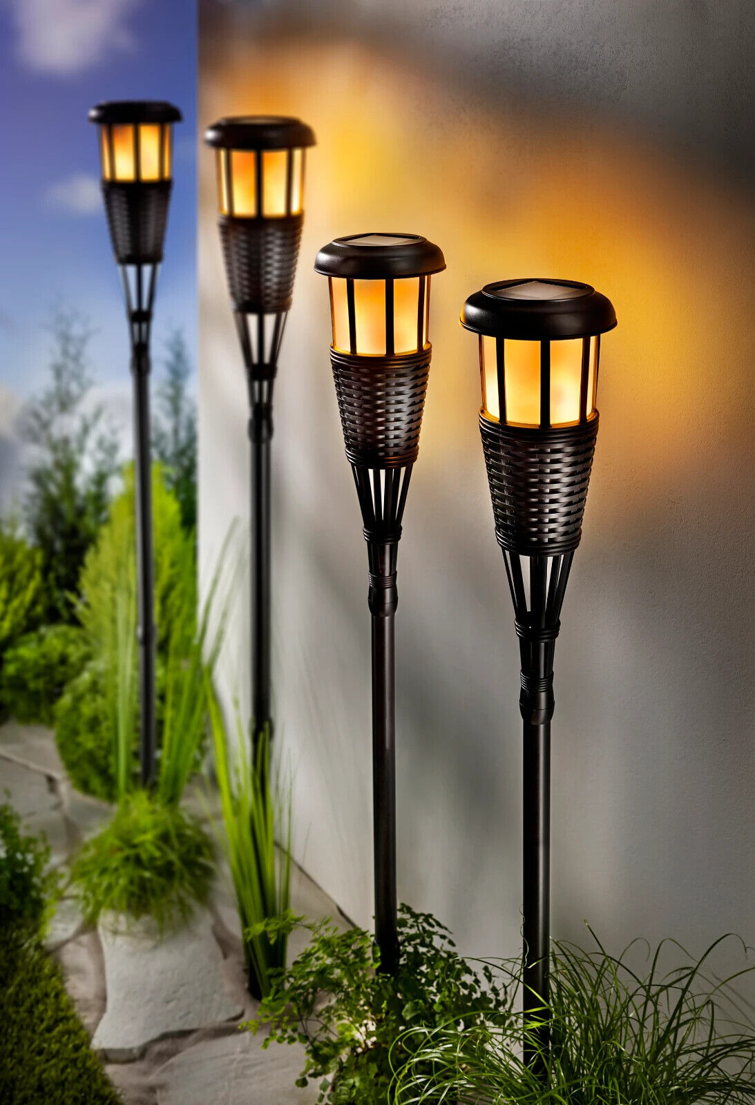 XL-Solar-Gartenstecker "Tropic", 4er-Set, Flammeneffekt Dekoration Garten LED
