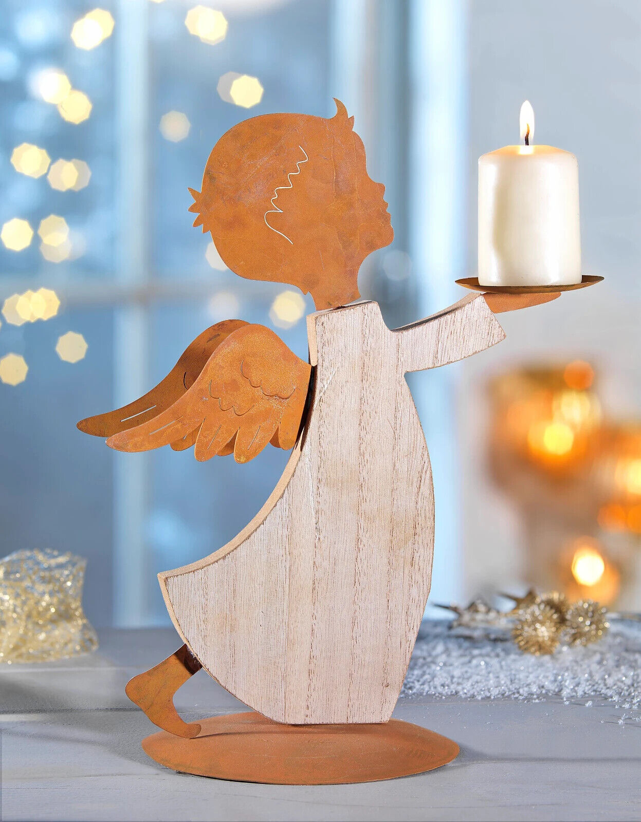Kerzenhalter Dekofigur Engel, Holz, 30 cm Deko Wohnungsdeko