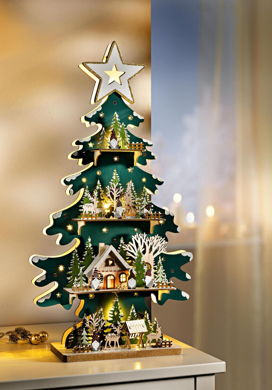 LED Tanne Tannenbaum Wichtelszene Wichtelhuas Holz Weihnachten Advent beleuchtet
