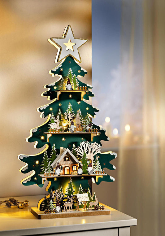 LED Tanne Tannenbaum Wichtelszene Wichtelhuas Holz Weihnachten Advent beleuchtet
