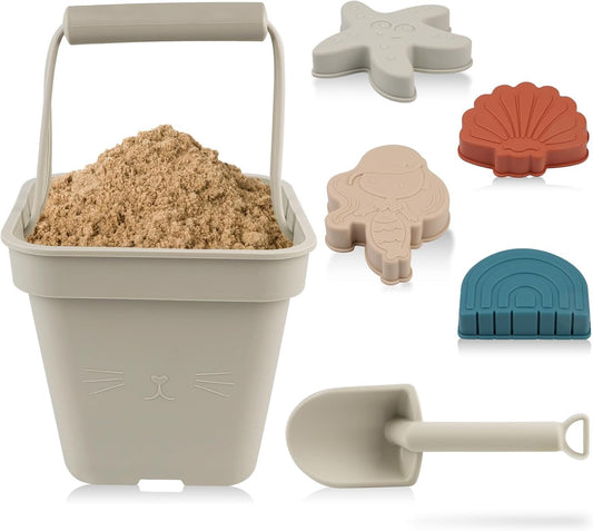 6-teiliges Sandspielzeug-Set, grau-grüne weiche Silikon-Strandspielzeuge für Kle