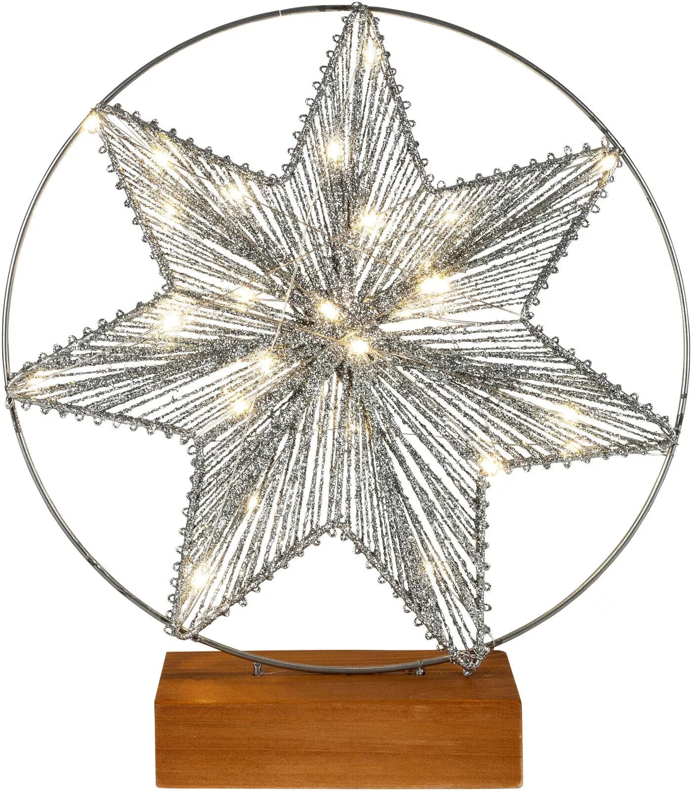 LED Stern Brillantini Holzsockel 35 cm Glitzer Dekoration kabellos silber