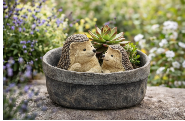 Pflanztopf Igel Mama mit Kind grau Deko Blumentopf Garten Figur