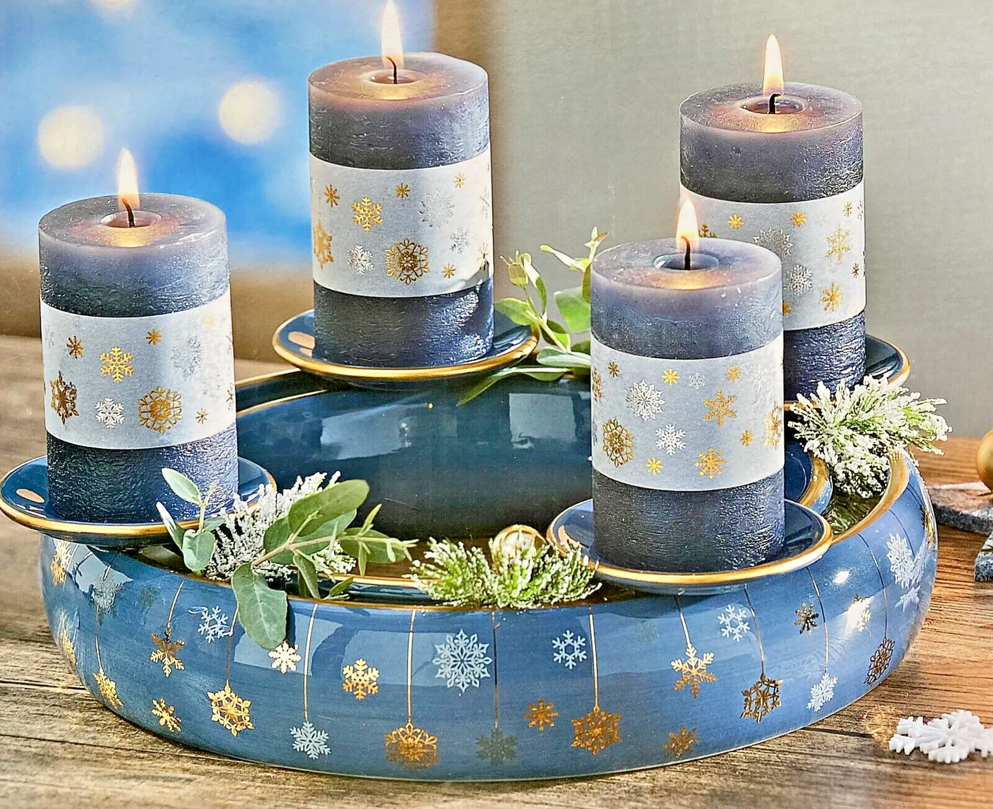 Kerzenkranz Eiskristalle, Rauchblau Adventskranz Kerzenhalter Weihnachten Deko