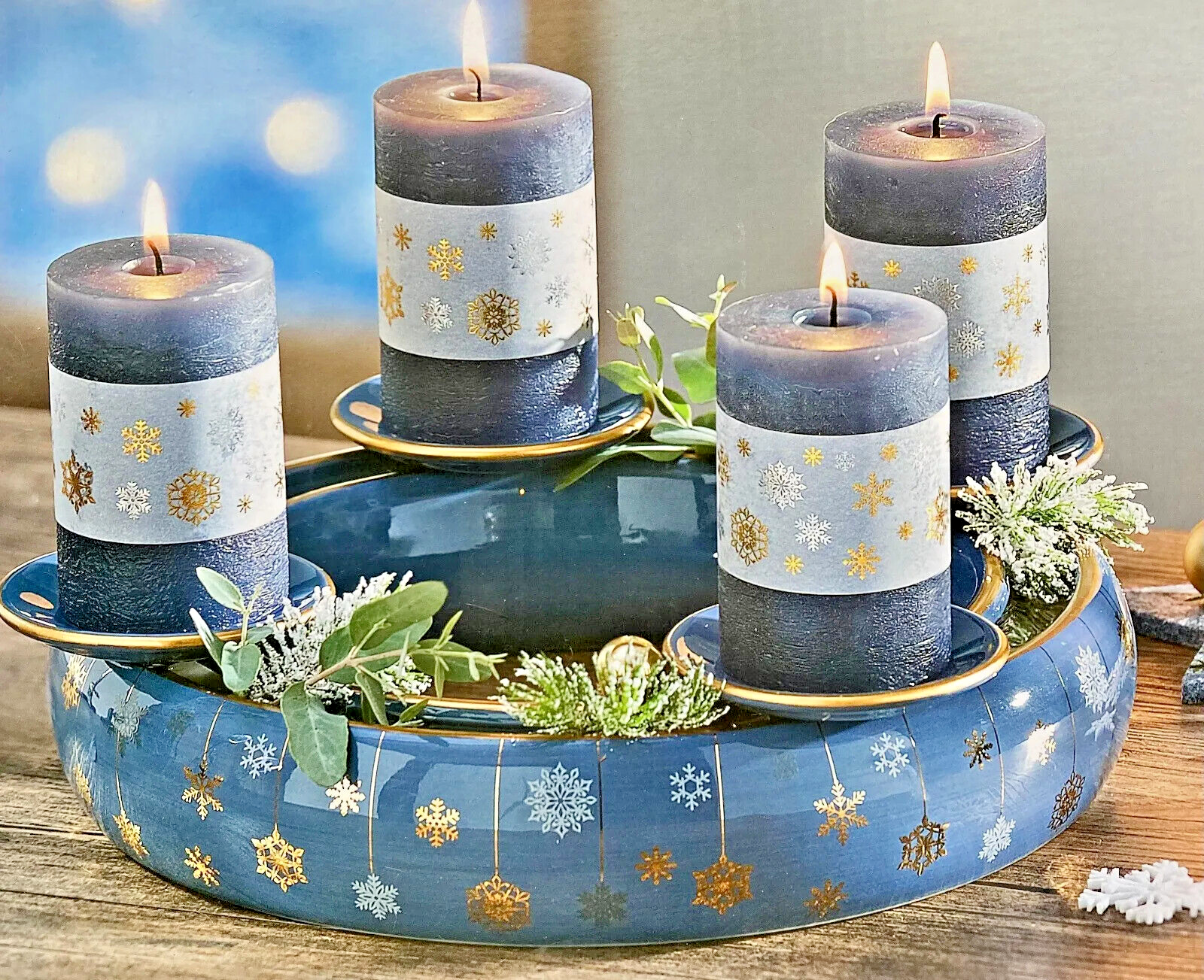 Kerzenkranz Eiskristalle, Rauchblau Adventskranz Kerzenhalter Weihnachten Deko