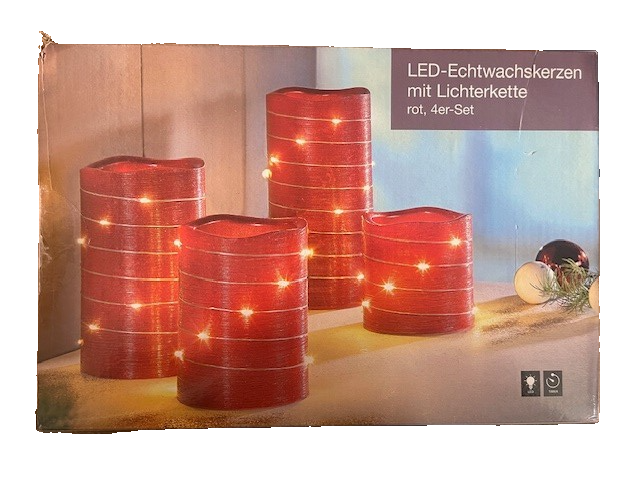 LED-Echtwachskerzen mit Lichterkette (rot, 4er set)