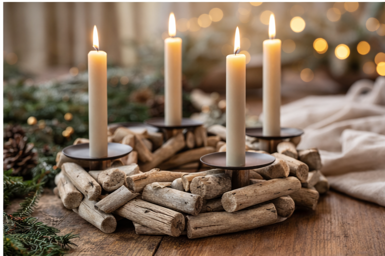 Kerzenkranz WOOD aus Treibholz – 4 Kerzenhalter – Natur Holz Deko