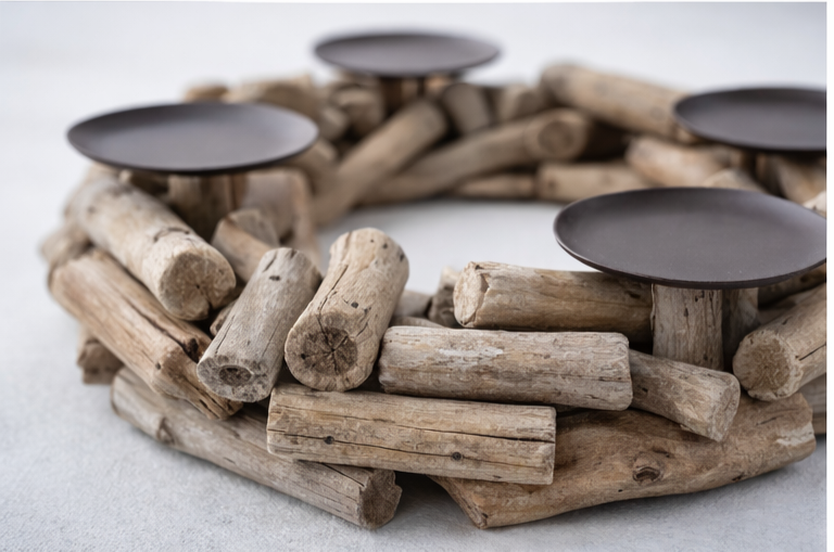 Kerzenkranz WOOD aus Treibholz – 4 Kerzenhalter – Natur Holz Deko