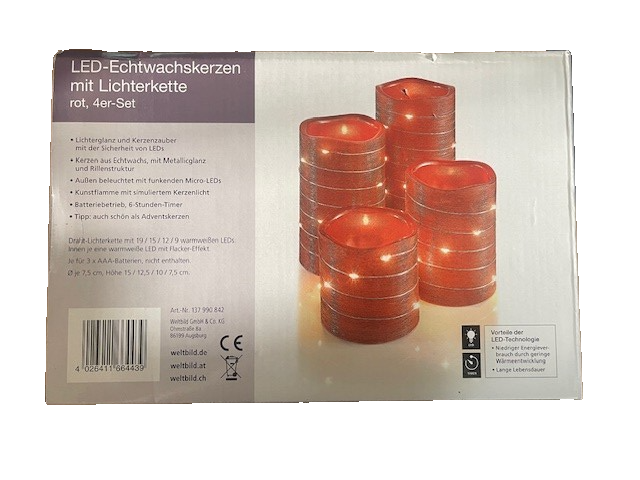 LED-Echtwachskerzen mit Lichterkette (rot, 4er set)