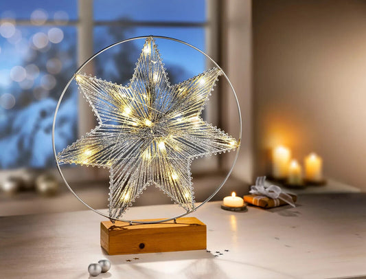 LED Stern Brillantini Holzsockel 35 cm Glitzer Dekoration kabellos silber