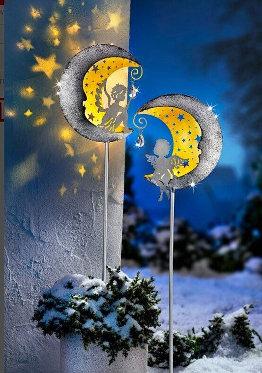 LED-Gartenstecker "Engel im Mond" 2er-Set, silber