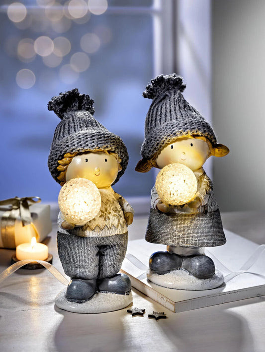 LED Dekofiguren Franz+Lea 2er Set Figuren Kunststein Strickmützen 20 cm