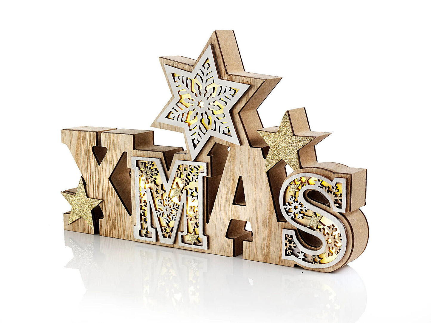 LED-Schriftzug Xmas "Snowflake" Weihnachtsdeko Dekoration Wohnung Winter Holz