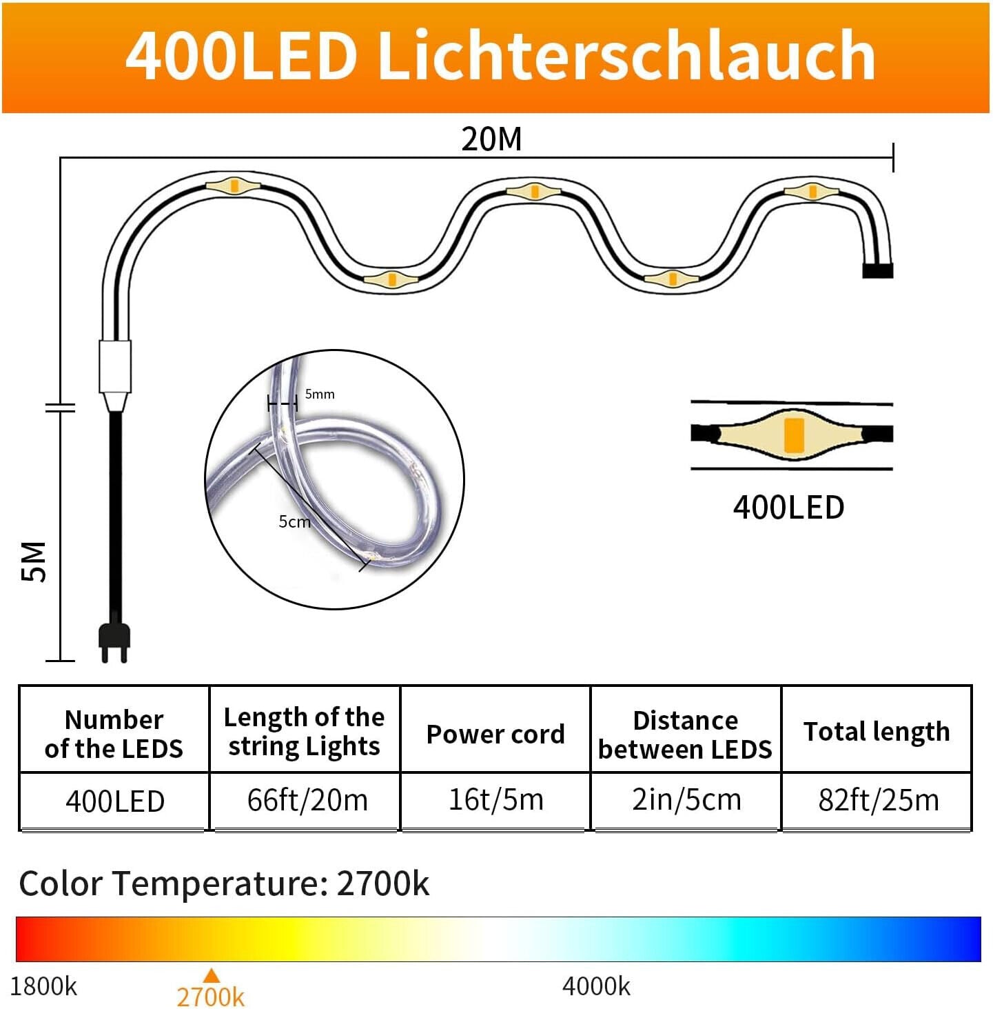 400LED 20M Lichterschlauch Aussen, Lichterkette mit Strom, Led Schlauch 8 Modi