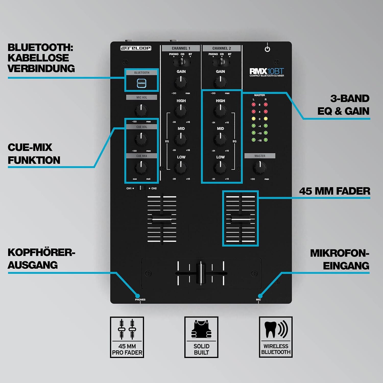 Reloop RMX-10 BT 2-Kanal Bluetooth DJ-Mixer mit eingebauter Bluetooth Schwarz