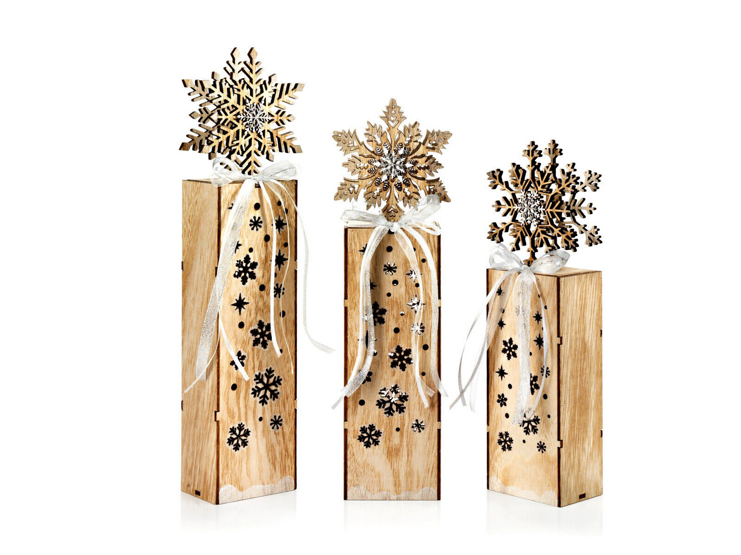 LED-Dekosäulen "Schneeflocke", 3er-Set Weihnachtsdekoration LED Advent Holz Deko