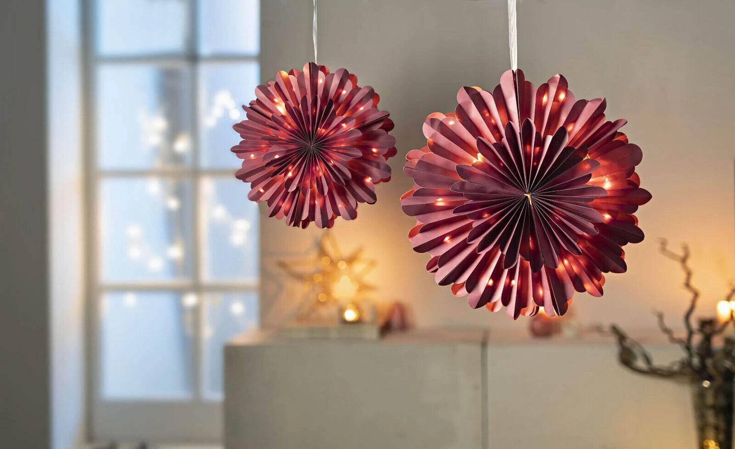 LED-Hängedeko "Schneeflocke" 42,5 cm, 2er-Set (Farbe: berry) Advent Dekoration
