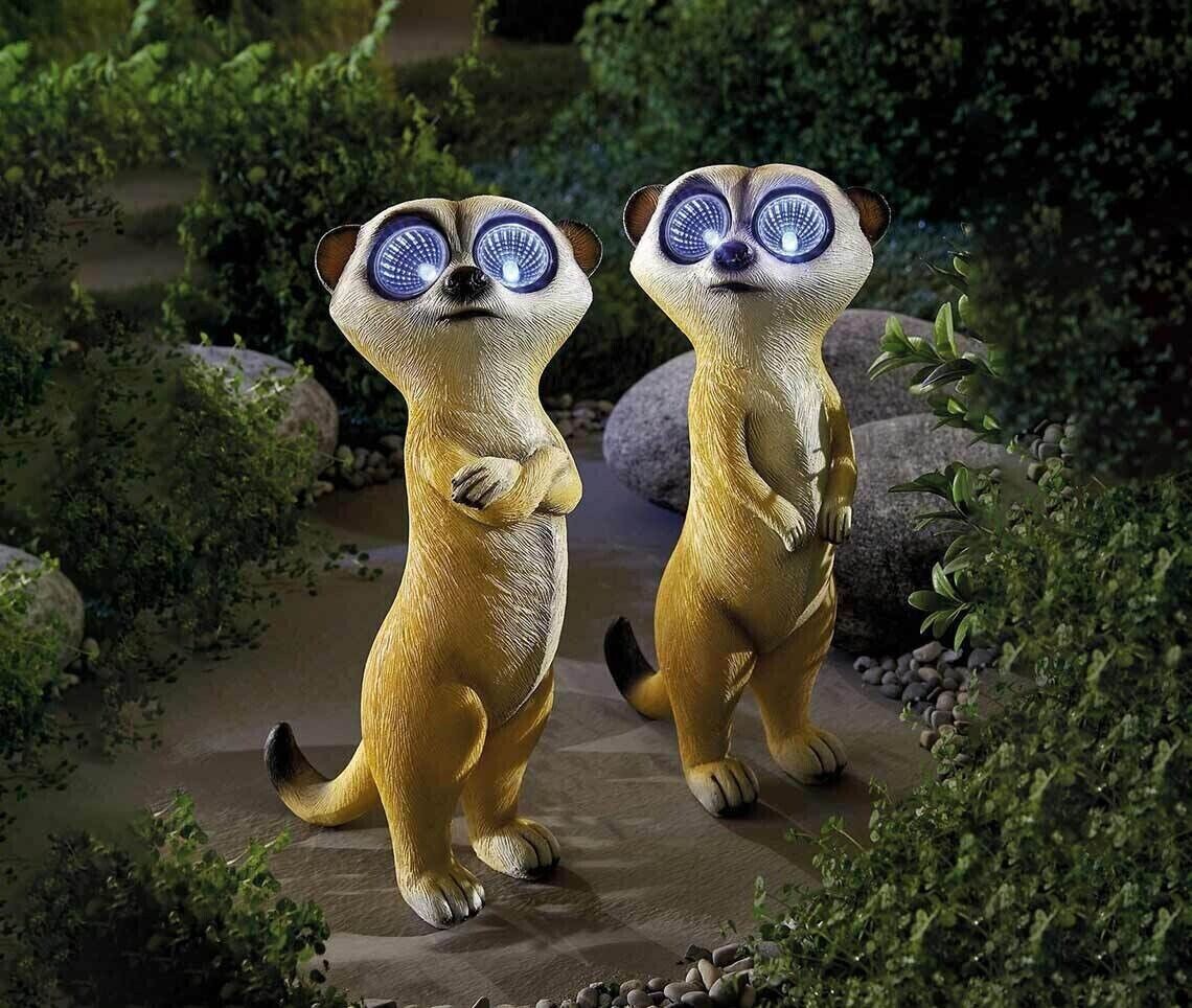 2 x Gartenfigur Erdmännchen Gartendeko Solar Tierfigur LED Deko Gartendekoration
