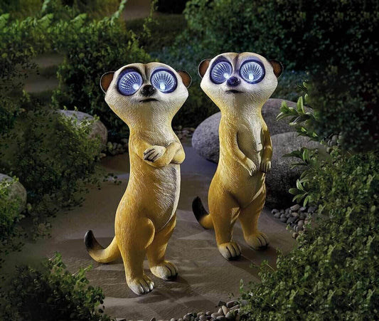 2 x Gartenfigur Erdmännchen Gartendeko Solar Tierfigur LED Deko Gartendekoration
