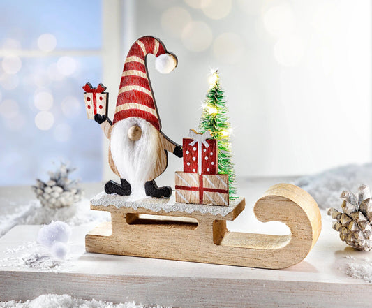 LED Dekofigur Weihnachtswichtel mit Schlitten Advent Deko Weihnachtsdeko