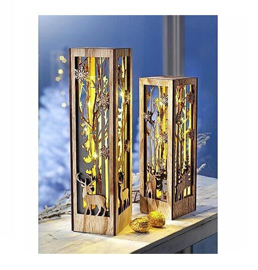 LED-Dekosäulen Zauberwald Dekoration Weihnachten Licht 2er-Set 34 + 28 cm