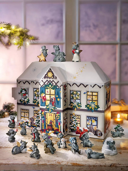 Adventskalender Drachenvilla NEU mit 24 Deko-Drachen, Handbemalt und Gold-Akzent