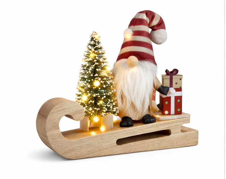 LED Dekofigur Weihnachtswichtel Schlitten Holz beleuchtet Batterie Tischdeko