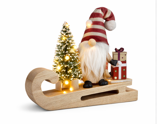 LED Dekofigur Weihnachtswichtel Schlitten Holz beleuchtet Batterie Tischdeko