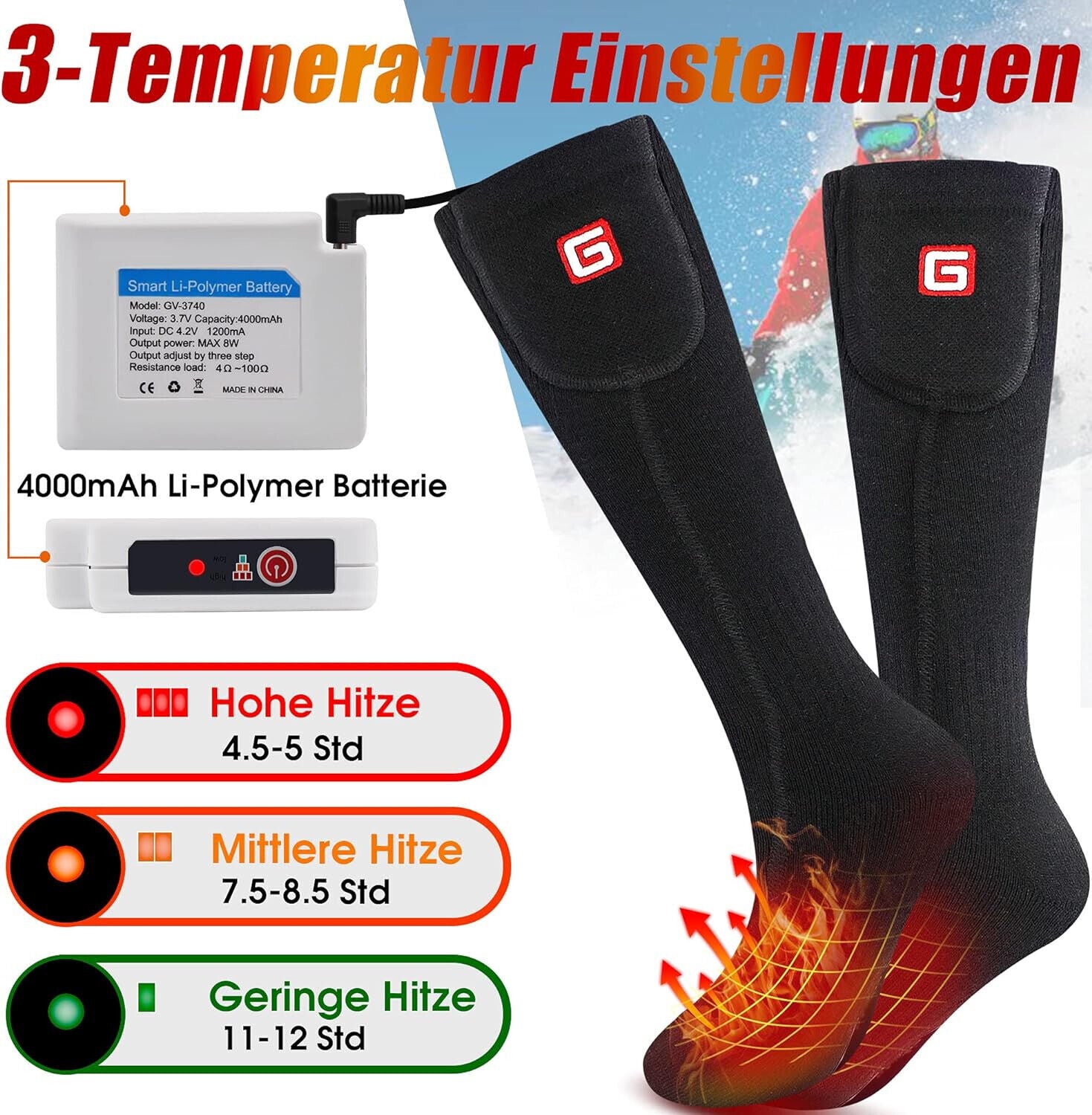 Global Vasion Elektrisch beheizte Socken Wiederaufladbare, batteriebetriebene, w