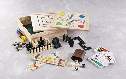 Spielesammlung in Holzbox für Groß und Klein - Schach,Backgammon, Dame, Mühle, L