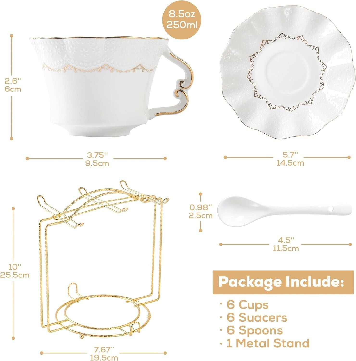 DUJUST Tassen & Untertassen von 6 (250 ml), Luxus-Teetasse Set mit goldenen Trim