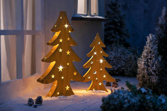 Tannenbaum mit LED-Lichterkette (Größe: 60 cm) Garten Deko aus Metall in Braun