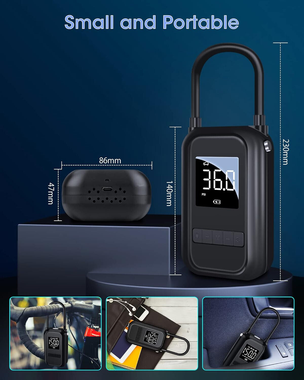 Portabler Akku-Kompressor für Fahrrad, Fußball, Reifen usw. 4000mAh black