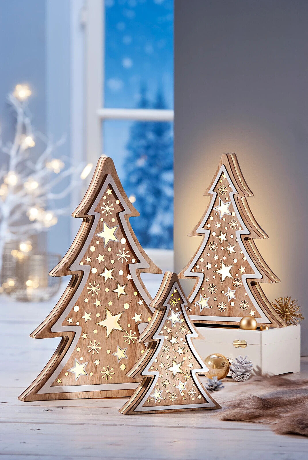 LED-Tannen XL Holz, 3er-Set Deko Weihnachtsdeko Advent Dekoration Wohnungsdeko