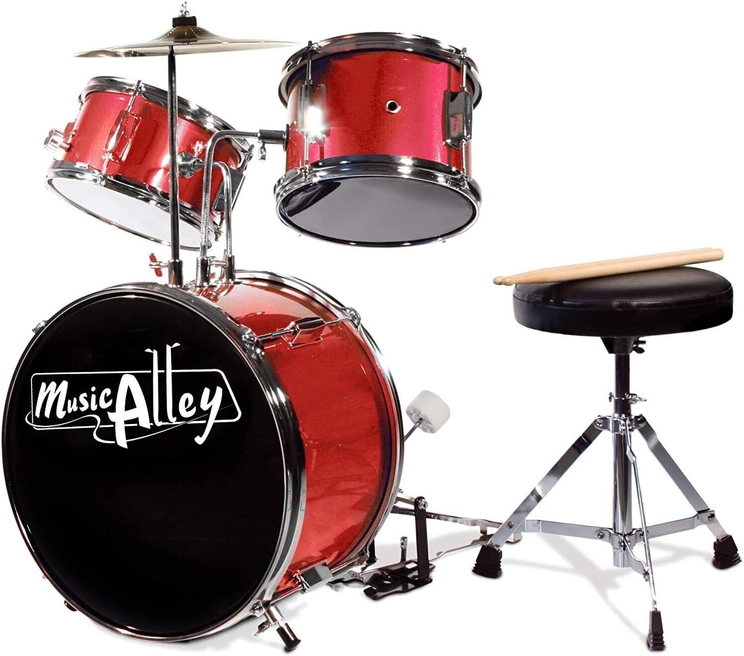 Music Alley Junior Drum Kit for Kids with Kick Drum Pedal, Drum Stool & Drum Sti