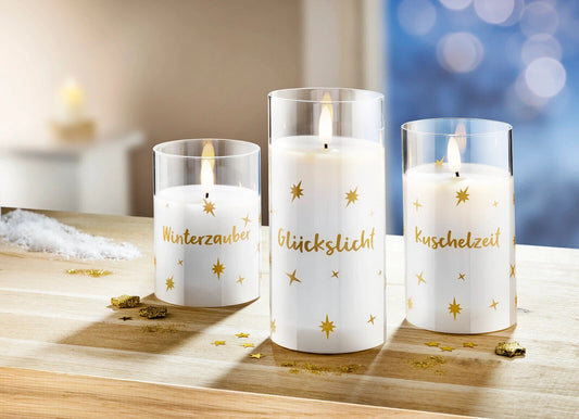 LED-Kerzen im Glas "Stars", 3er Set Wohnungsdeko Weihnachts Deko Adventsdeko