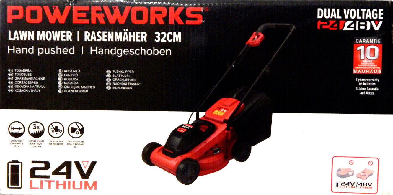 Powerworks 24V Akku-Rasenmäher P24LM32 Schnittbreite: 32 cm Fangkorb 30L in Rot