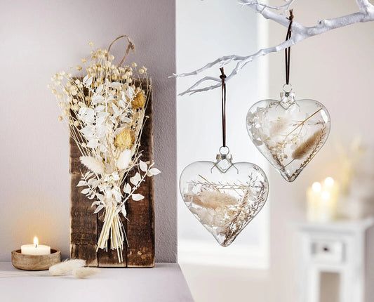 Glas-Herz mit Trockenblumen, 2er-Set Herz Wohnungsdeko Hängedeko Dekoration