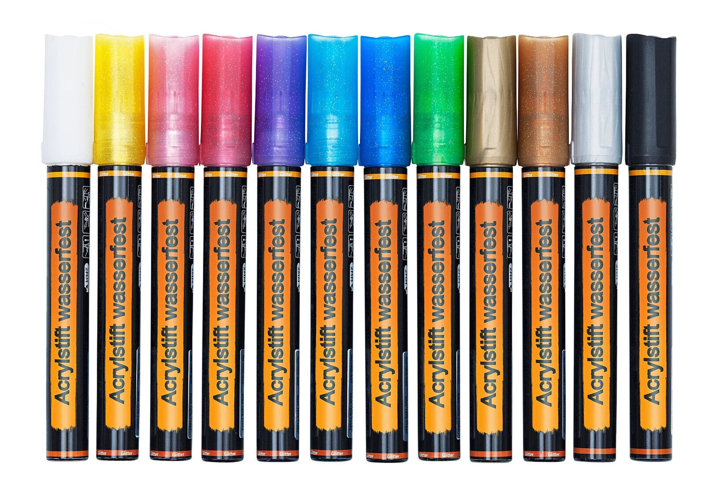 Acryl-Farben Stifte wasserfest, mit Glitter, 12er-Set Bemalen Gestalten Basteln