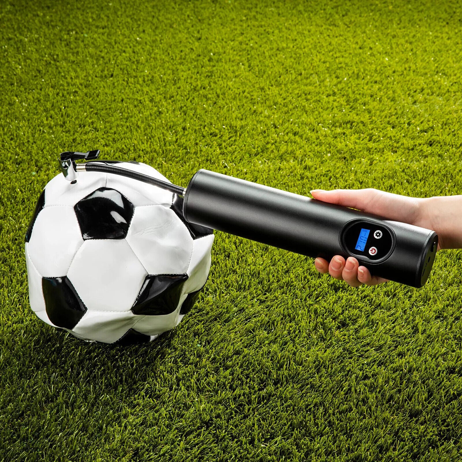 Portabler Akku-Kompressor für Fahrrad, Fußball, Reifen usw. mit Licht in Schwarz