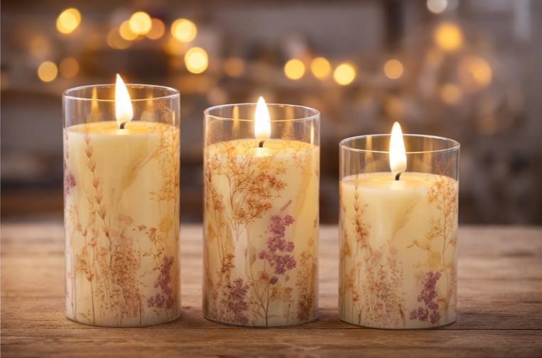 LED Echtwachskerzen FIORI im Glas 3er Set mit Timer flammenlos Deko