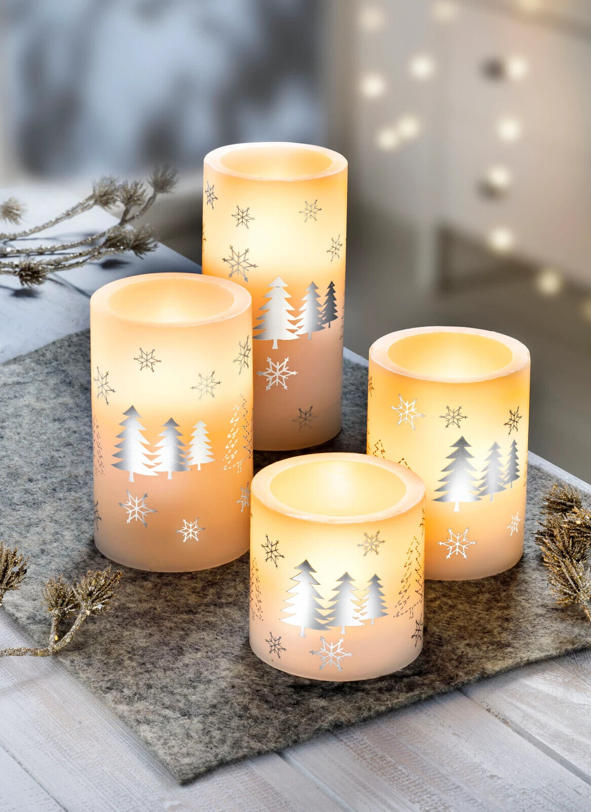 LED-Echtwachskerzen "Winterwald" 4er-Set Wintermotiv Weihnachten Deko Advent