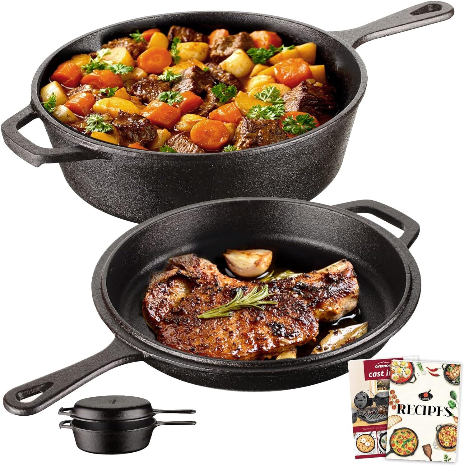 Overmont 2 in 1 Gusseisen Topf Dutch Oven mit Pfannendeckel 3I Gusseisentopf + 1
