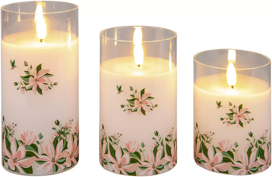 LED Kerzen Magnolie Glas 3er Set Echtwachskerzen Flackereffekt Deko