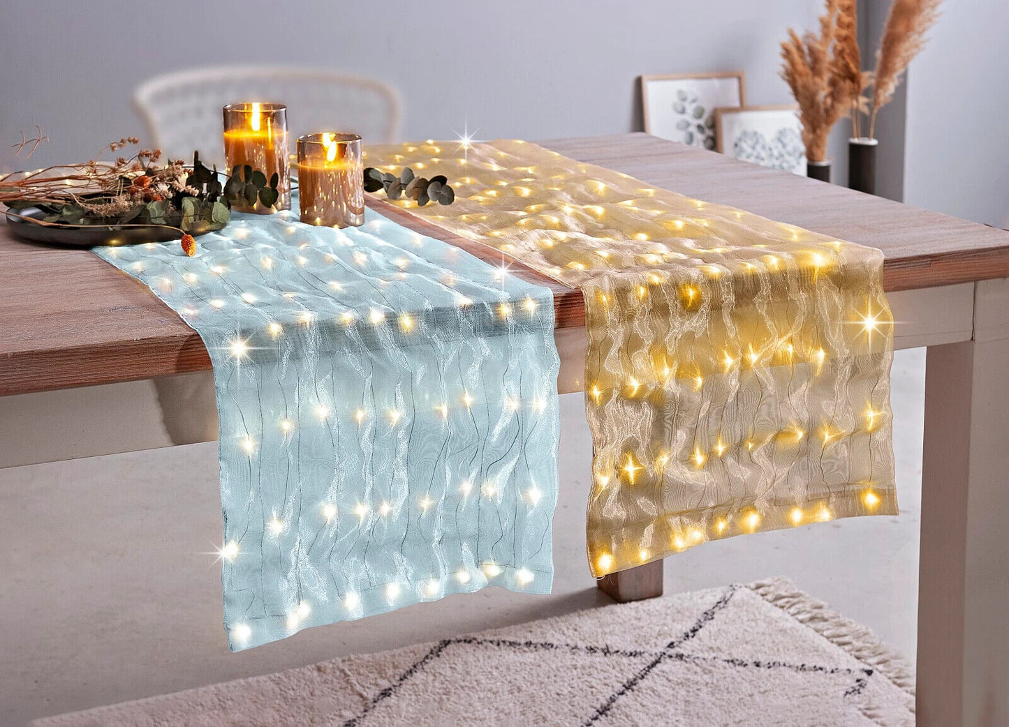 LED-Dekostoff "Glamour" Taupe, 36x210cm, 198 LEDs Tischläufer Deko Beleuchtung